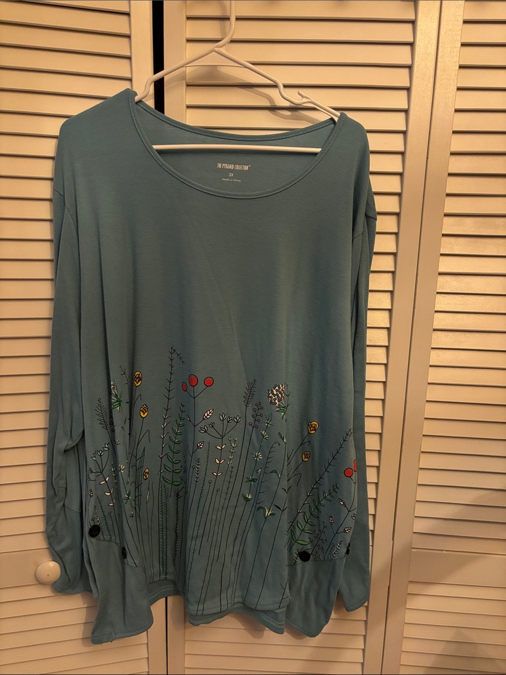 The Pyramid Collection Teal Blue Long-Sleeve Floral Embroidered Top
